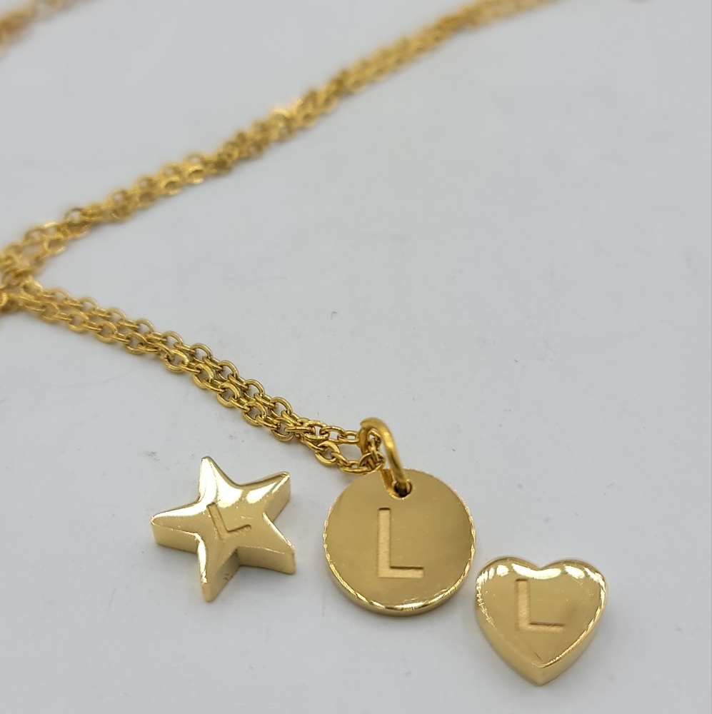 Monogram L 3 Charm Necklace Star, Heart & Medallion with L & Heart Engraving New